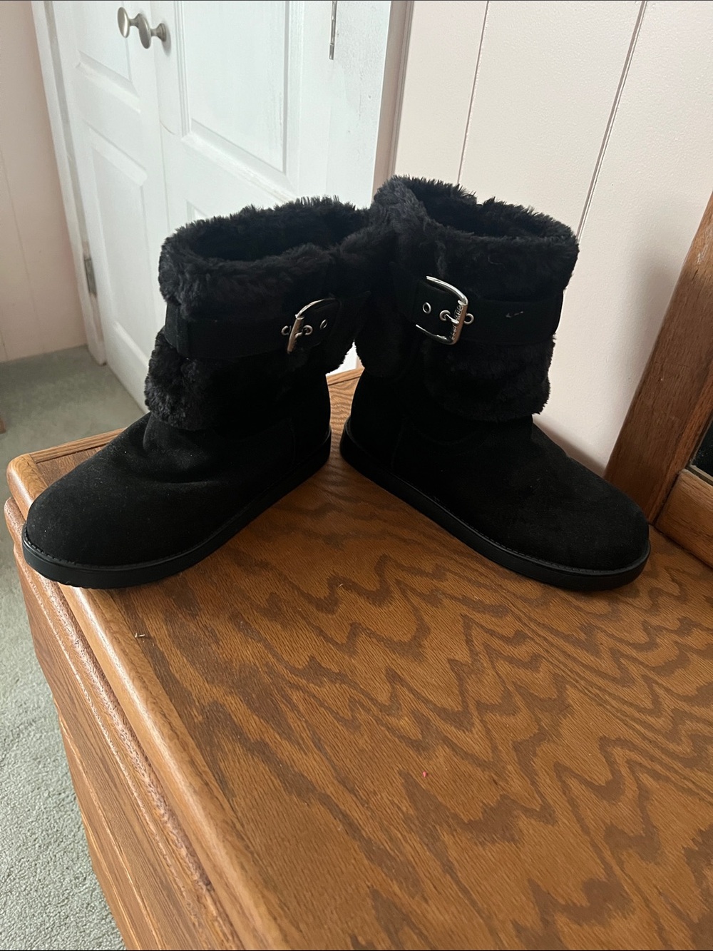 G by Guess Black Faux Fur Ankle Boots with Buckle Accent